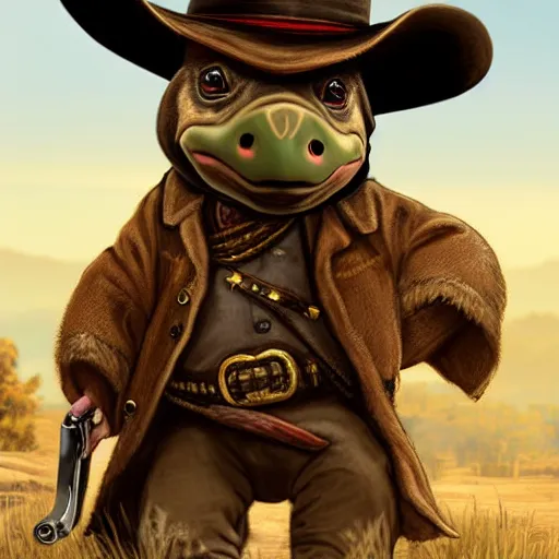 Image similar to cute little anthropomorphic tortoise in Red Dead Redemption 2 (2018 videogame) cover art, ultra wide lens shot , tiny, swine, hug, small, short, cute and adorable, pretty, beautiful, DnD character art portrait, matte fantasy painting, DeviantArt Artstation, by Jason Felix by Steve Argyle by Tyler Jacobson by Peter Mohrbacher, cinematic lighting