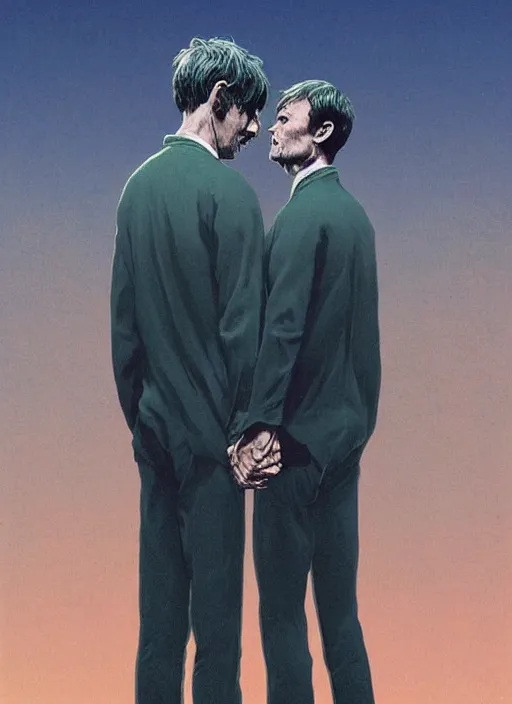 Prompt: portrait of Mads Mikkelsen and Hugh Dancy holding hands romantically as they chaperone school dance by (Zdzislaw Beksinski), Michael Whelan, Bob Larkin and Tomer Hanuka, simple illustration, domestic, nostalgic, clean, Matte painting, trending on artstation and unreal engine, New Yorker magazine cover