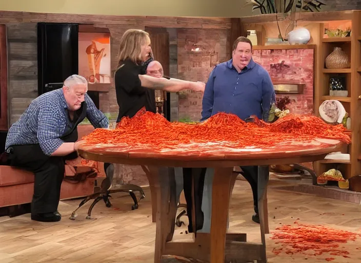 Prompt: qvc tv show product showcase pile of nasty chili spilled on the floor, chunky sloppy fat men no shirts slipping in chili on the floor, wet, studio, 3 payments of $ 2 4 limited time offer, call now, extremely detailed, portraits, 4 k, hd