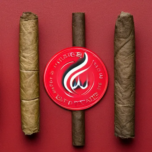 Image similar to cigar with smoke wafting up from it on a red background, logo