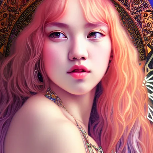 Image similar to portrait of jossi of blackpink, goddess of the moon, highly detailed, digital painting, smooth, sharp focus, illustration, ultra realistic, 8 k, art by artgerm and alphonse mucha