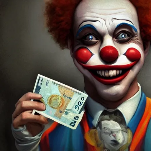 Image similar to A clown holding a dollar banknote, background is a slum, artstation, cgsociety, masterpiece