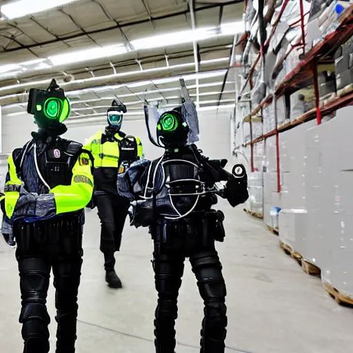 Image similar to robot ravers defending a warehouse from the police