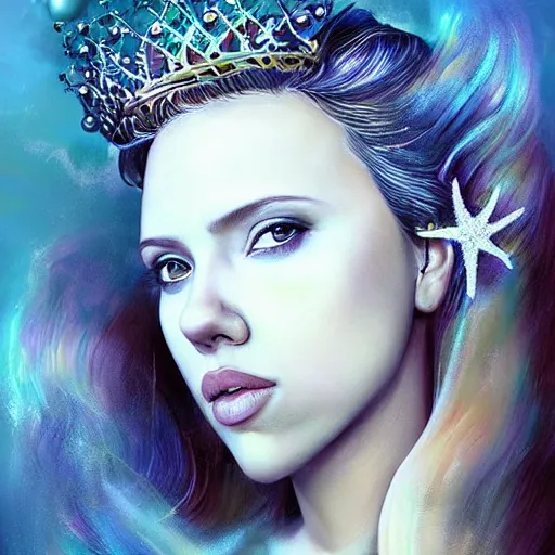 Image similar to “Scarlett Johansson portrait, fantasy, mermaid, cartoon, pearls, glowing hair, shells, gills, crown, water, highlights, starfish, goddess jewelry, realistic, digital art, pastel ”