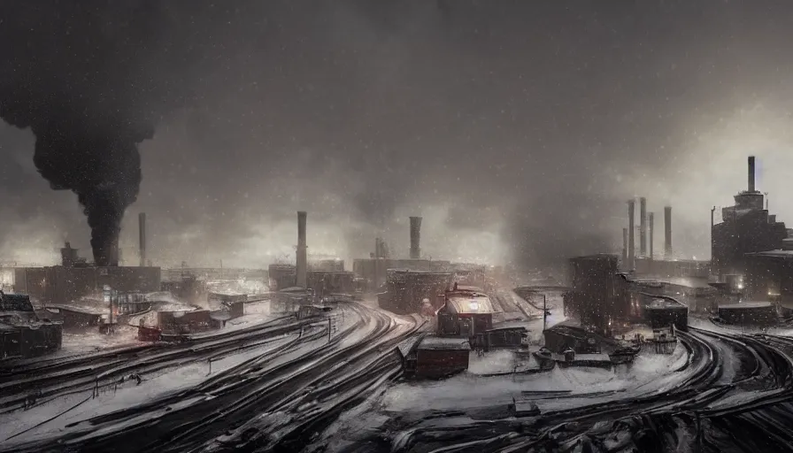 Prompt: Dieselpunk Norilsk city, snow, steam, factory plants with dark smoke in the background, epic composition, intricate, elegant, volumetric lighting, digital painting, highly detailed, artstation, sharp focus, illustration, concept art, ruan jia, steve mccurry