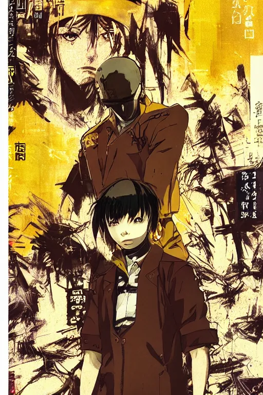 Prompt: professionally drawn seinen mature cyberpunk detective horror action manga comic cover, full color, beautifully drawn coherent professional, drawn by ilya kuvshinov, ilya kuvshinov, satoshi kon, kentaro miura, dave mckean, tsutomu nihei. japanese script kanji hiragana on the cover. minimalist stylized cover art. yellow red cel shaded