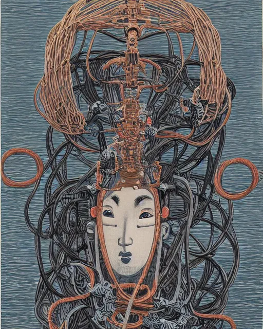 Prompt: Hokusai portrait of a robot saint made of cables and robotic pod by James Jean