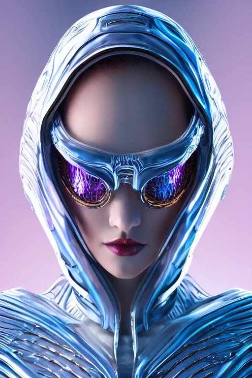 Image similar to detailed portrait glam cyber noun, attractive feminine curves, intricated, scifi, futuristic, elegant cape, year 2 1 0 0, elegant, alien room background, white, blue, pink, gold, photorealism, trending on artstation, holy machine, advanced technology, art by moebius and vitaly bulgarov and chanthara