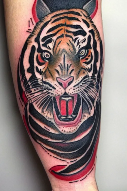 Prompt: traditional American tattoo of a tiger