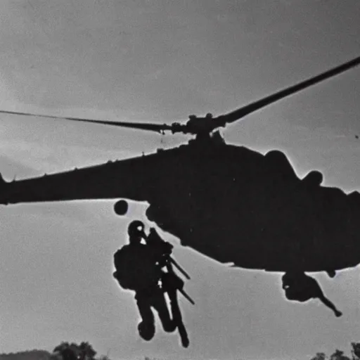 Prompt: vietnam war soldiers in combat with flying saucer, hilly terrain, helicopters, shot on 1 9 7 0 s film