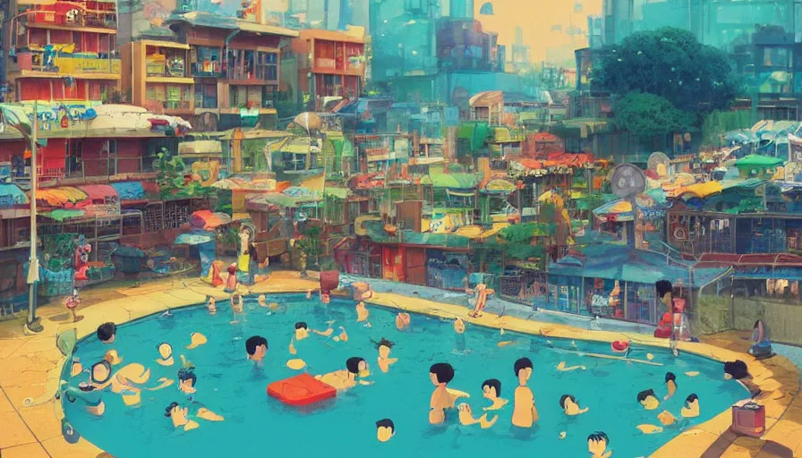 Image similar to Busytown swimming pool, optimistic colors, fun, moody, city background, by studio ghibli and greg rutkowski