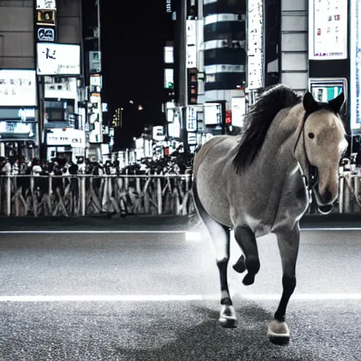 Image similar to horse running down the Tokyo Street night sky busy Street