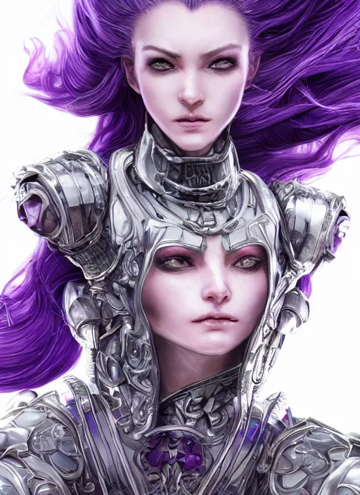 Prompt: close up portrait of a pale woman in amethyst bionic armor with purple hair, powerful, domineering, stoic, masterful, intense, ultrafine hyperdetailed illustration by kim jung gi, irakli nadar, intricate linework, sharp focus, octopath traveler, yoji shinkawa, highly rendered, detailed, concept art