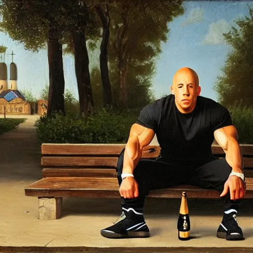 Image similar to vin diesel in black adidas sport costume, as gopnik character, on a bench with a bottle of beer in the courtyard of a provincial russian town, oil on canvas, naturalism