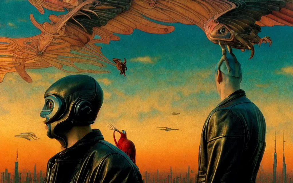 Image similar to realistic detailed portrait movie shot of a birdman wearing leather jacket, futuristic city sunset landscape background by denis villeneuve, amano, yves tanguy, alphonse mucha, ernst haeckel, max ernst, roger dean, rich moody colours, cinematic