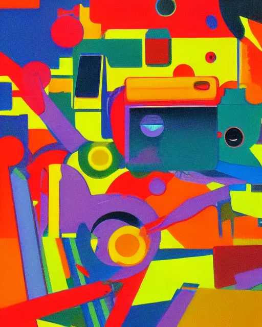 Image similar to retro technology, 9 0 s colors and shapes, wayne barlow, oil on canvas, deep depth of field, masterpiece, cinematic composition, hyperdetailed