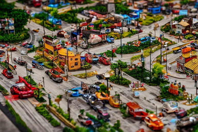 Prompt: miniature town made of sushi, tilt shift photography, diorama picture, 5 5 mm, trending on art station