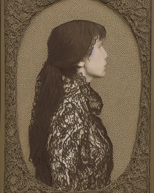 Image similar to a woman's face in profile, wearing a collared shirt, made of intricate decorative lace leaf skeleton, in the style of the dutch masters and gregory crewdson, dark and moody