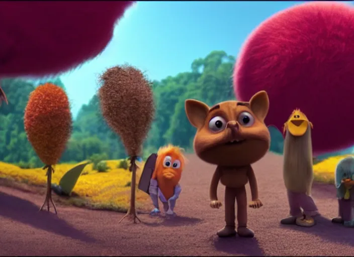 Prompt: kanye west in the lorax as the lorax movie still, cinematic lighting, ray tracing, octane render, long lens, shallow depth of field, bokeh, anamorphic lens flare, 8 k, hyper detailed, 3 5 mm film grain
