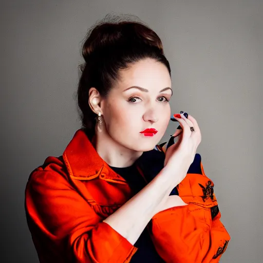 Image similar to portrait of a woman with flower tatoos, brown hair tied, red jacket and orange background, studio lighting