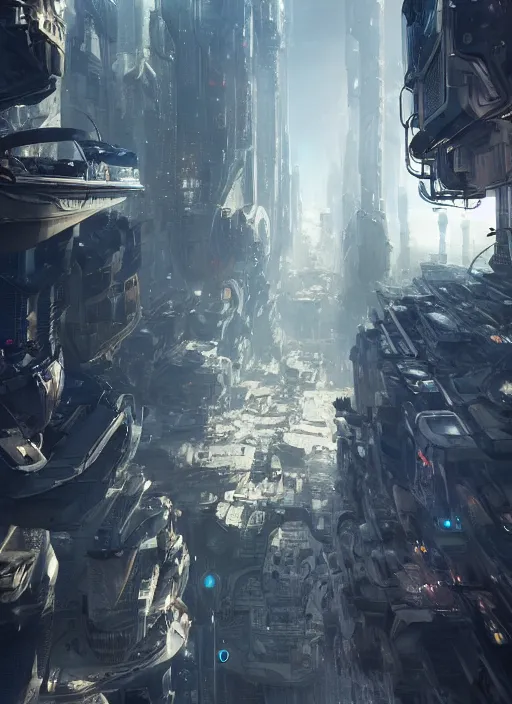 Prompt: A futuristic cityscape with a man standing on a ledge, a detailed matte painting by Wadim Kashin, CGsociety, panfuturism, greeble, matte painting, Cryengine