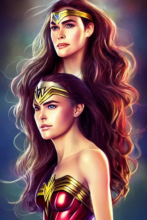 Image similar to portrait of a mix of beautiful young maria shriver, mariel hemmingway, brooke shields and elle macpherson as wonderwoman, thin lips, hair tied up in a pony tail, colorful artstation, cgsociety