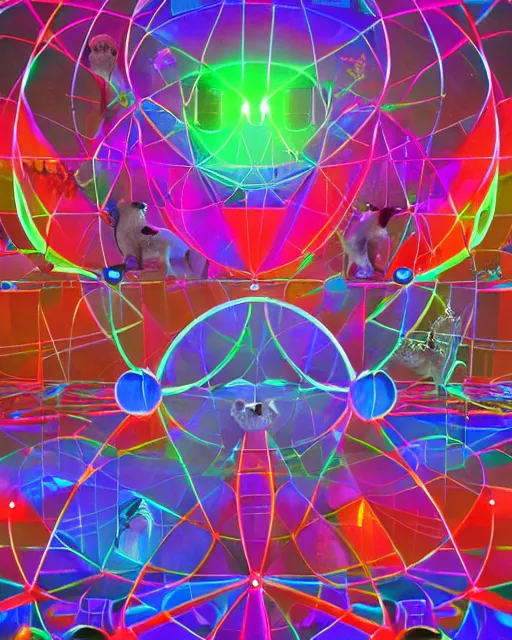 Image similar to a crowded rave party for dancing lovable cute furry monsters of every shape and size surrounding a laser show neon cube tesseract impossible geometry, portal to other worlds, geometric, generative, bending space and time, at hazy dusty dusk starry night sky