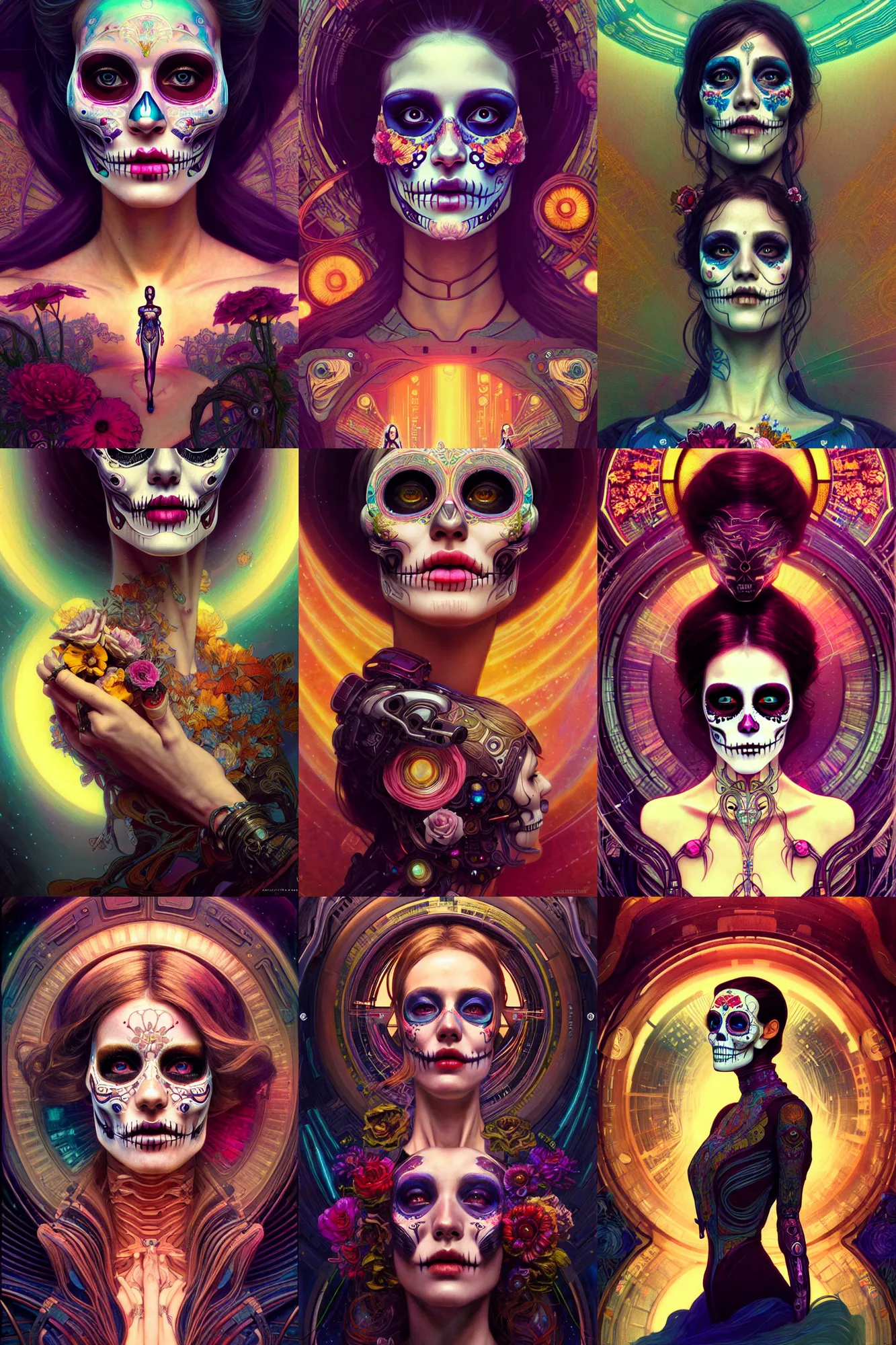 Prompt: beautiful dreaming android! woman. ecstatic portrait, cinestill, blade runner, photorealistic, interstellar, intricate detailed environment. ( el dia los muertos ), 8 k, hd. art nouveau by bellaart and artgerm and pollock and greg rutkowski and alphonse mucha and loish and wlop