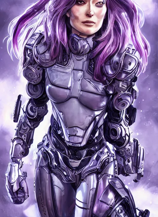 Image similar to close up portrait of a pale olivia wilde in sci - fi power armor with purple hair, powerful, domineering, stoic, masterful, intense, ultrafine hyperdetailed illustration by kim jung gi, irakli nadar, intricate linework, sharp focus, octopath traveler, yoji shinkawa, highly rendered, detailed, concept art