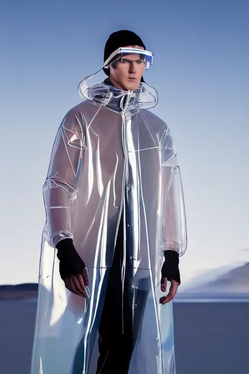 Image similar to an ultra high definition professional high fashion portrait studio full length photograph of a male model wearing a transparent pearlescent raincoat and neon visor in an icelandic black rock environment at dawn. no artefacts. extremely detailed. stark. refraction. shallow depth of field. volumetric light and shadow. ray tracing. light rays.