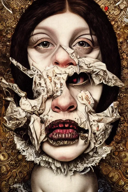 Image similar to Detailed maximalist portrait with large lips and with large white eyes, angry expression, HD mixed media, 3D collage, highly detailed and intricate surrealism, illustration in the style of Caravaggio, dark art, baroque