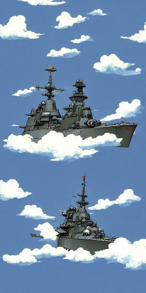 Image similar to japanese battleship fuso flying between clouds, by studio ghibli, dynamic composition, dramatic lighting, hyperrealistic, ultra detailed, nitro colors