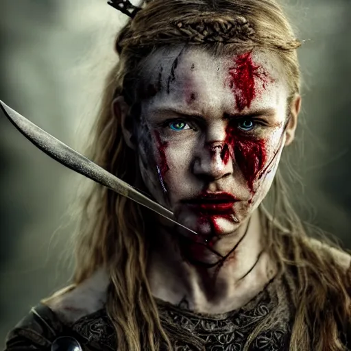 Prompt: Ultrawide realistic photo of a bloody fierce viking woman, injured by an arrow, battle-scarred mind-blowing details, highly detailed face, ethereal,, ominous, scarred, highly detailed, viking attire, cinematic, 16k, 1080s, smooth, sharp focus, by Stanley Artgermm, WLOP, trending on DeviantArt, trending on ArtStation, full of color, digital art, Smooth gradients, depth of field, shot on Canon Camera