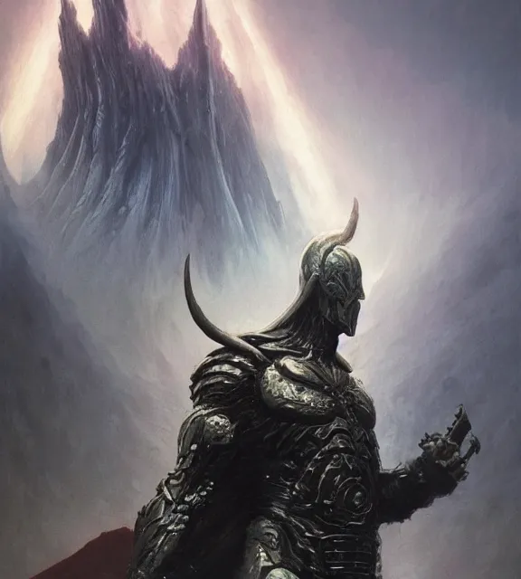 Image similar to sci - fi god of thunder, concept art, beksinski, age of sigma art, frank franzetta, ruan jia, dark soul armor concept, trending on artstation, wayne barlowe, adrian smith fantasy art, elden ring art, the hobbit art, lord of the ring art, infinity blade armor