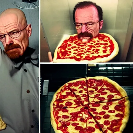 Image similar to Walter white running a pizza restroom