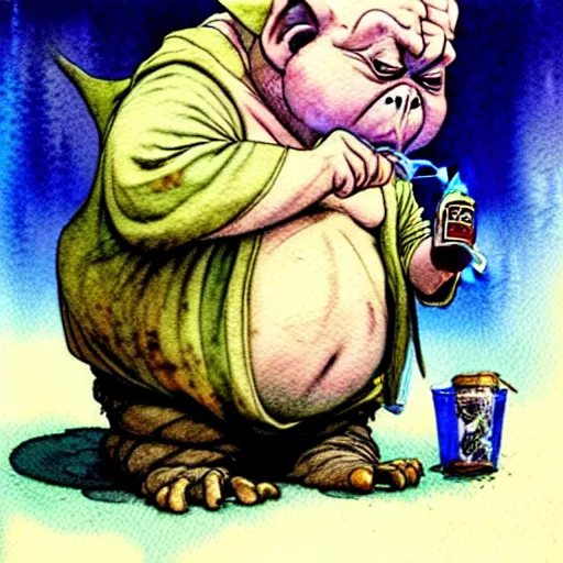 Image similar to a realistic and atmospheric watercolour fantasy character concept art portrait of a fat chibi homeless yoda wearing a wife beater drinking out of a broken bottle, by rebecca guay, michael kaluta, charles vess and jean moebius giraud