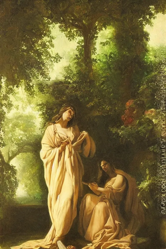 Prompt: chiaroscuro painting, dapple light, a beautiful greek woman in robes in a lush garden