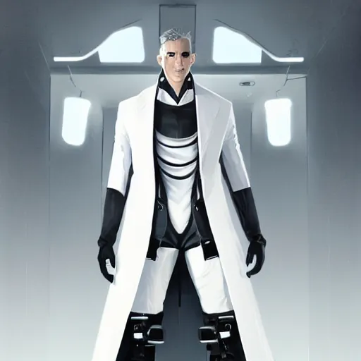 Image similar to full body portrait of a male character in sleek clothes, in a futuristic flowing white tailcoat, wearing a white full-face helmet with five round lenses for eyes, many eyes, dramatic lighting, illustration by Greg rutkowski, yoji shinkawa, 4k, digital art, concept art, trending on artstation