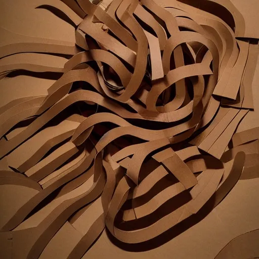 Image similar to tentacles made of brown corrugated cardboard, cut out of cardboard, realistic photography, fantasy