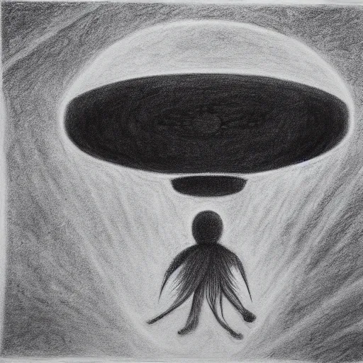 Image similar to Dimension Shift, UFO, reversal of roles, charcoal on paper