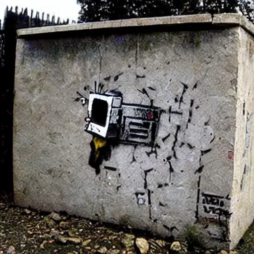 Image similar to banksy graffiti on cursed ancient anunnaki black cube tomb, 1 9 9 9 aesthetic