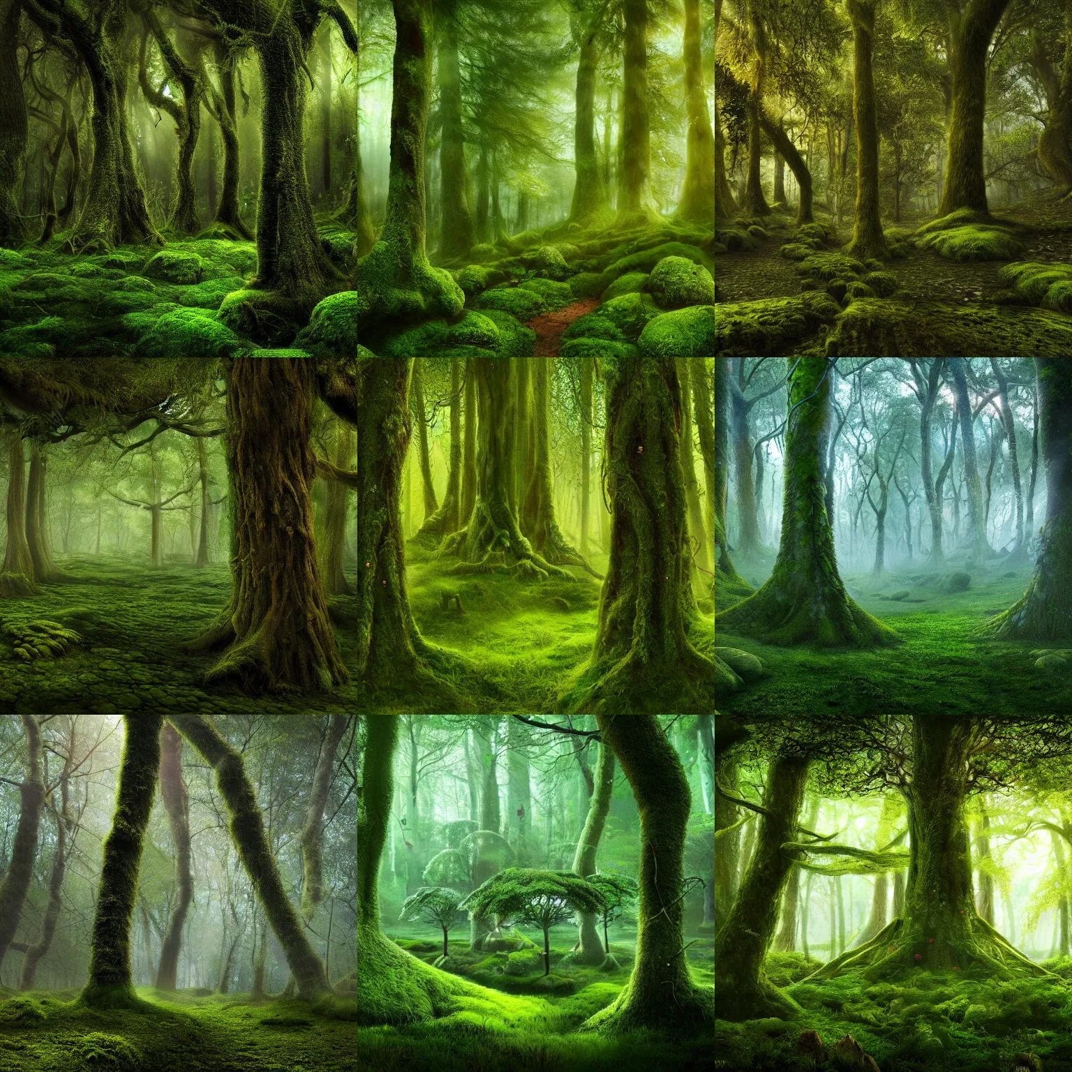 Prompt: magical moss - covered forest glade. the trees have faces, watching the viewer. light filtering through the canopy. fantasy art, 8 k resolution, magical forest.