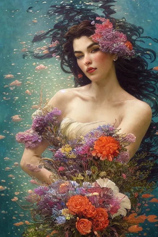 Image similar to portrait of a beautiful mysterious woman holding a bouquet of flowing flowers, hands hidden under the bouquet, submerged underwater filled with coral reef, fantasy, regal, intricate, by stanley artgerm lau, greg rutkowski, thomas kindkade, alphonse mucha, loish, norman rockwell