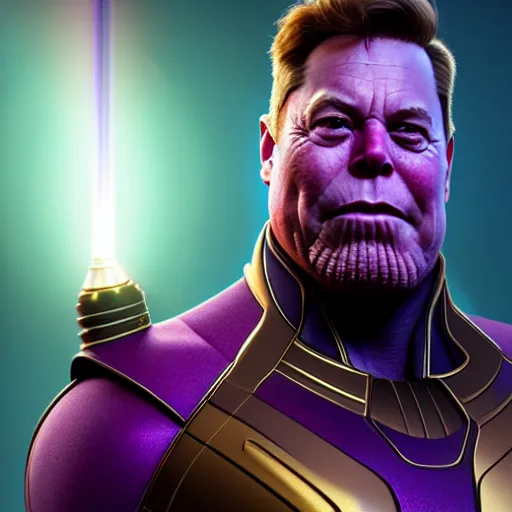 Image similar to a portrait of elon musk as thanos, the pixar adaptation, with same hairstyle, full body shot, hyper detailed, digital art, trending in artstation, cinematic lighting, studio quality, smooth render, unreal engine 5 rendered, octane rendered