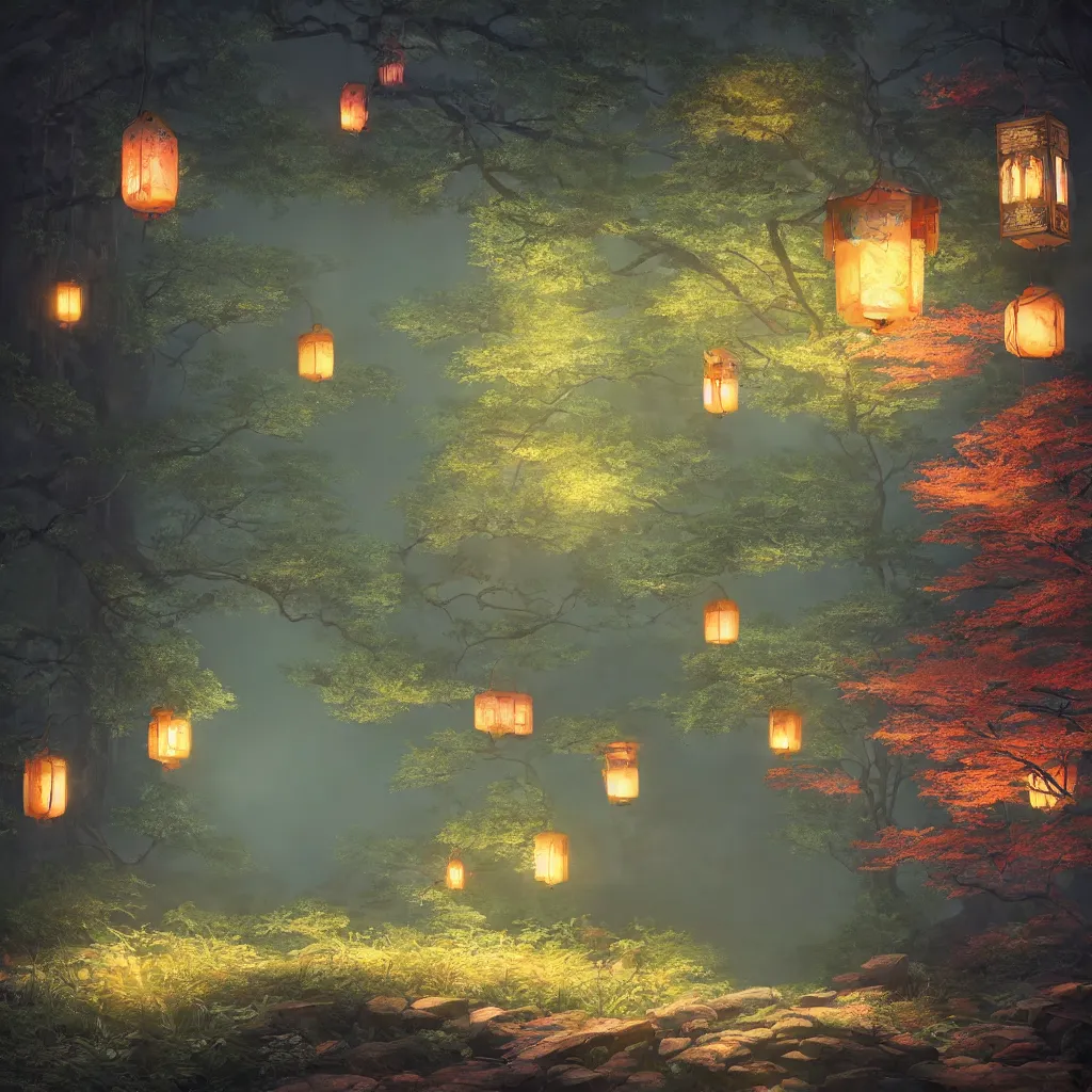 Image similar to Japanese forest at night, lanterns, highly detailed, dreamlike!, digital painting, volumetric lighting, digital art, 8K photography, matte vivid colors, perspective, octane render, breathtaking, by Maximilian DegenPro of Artstation, Hayao Miyazaki Studio Ghibli!! style