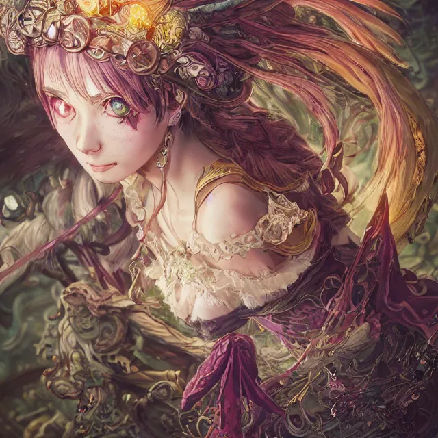 Image similar to the portrait of chaotic good female druid alchemist as absurdly beautiful, gorgeous, elegant, young anime girl, an ultrafine hyperdetailed illustration by kim jung gi, irakli nadar, intricate linework, sharp focus, bright colors, octopath traveler, final fantasy, unreal engine 5 highly rendered, global illumination, radiant light, detailed and intricate environment