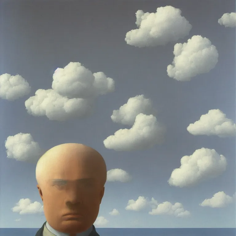 Image similar to portrait of a man whos head is made of clouds, by rene magritte, detailed painting, hd, hq, high resolution, high detail, 4 k, 8 k