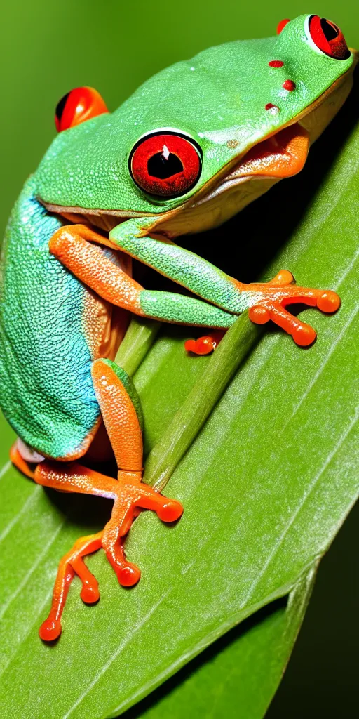 Image similar to macro photo of a red-eyed tree frog on a leaf, Nikon D810, ƒ/5.0, focal length: 46.0 mm, Exposure time: 1/60, ISO: 400, hyper-detailed, award-winning National Geographic photo