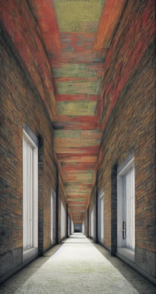 Image similar to a long colorful asylum hallway, one point perspective, vanishing point, symmetrical composition, rich colors, dramatic lighting, by lee madgwick, photorealistic, v - ray render 8 k uhd