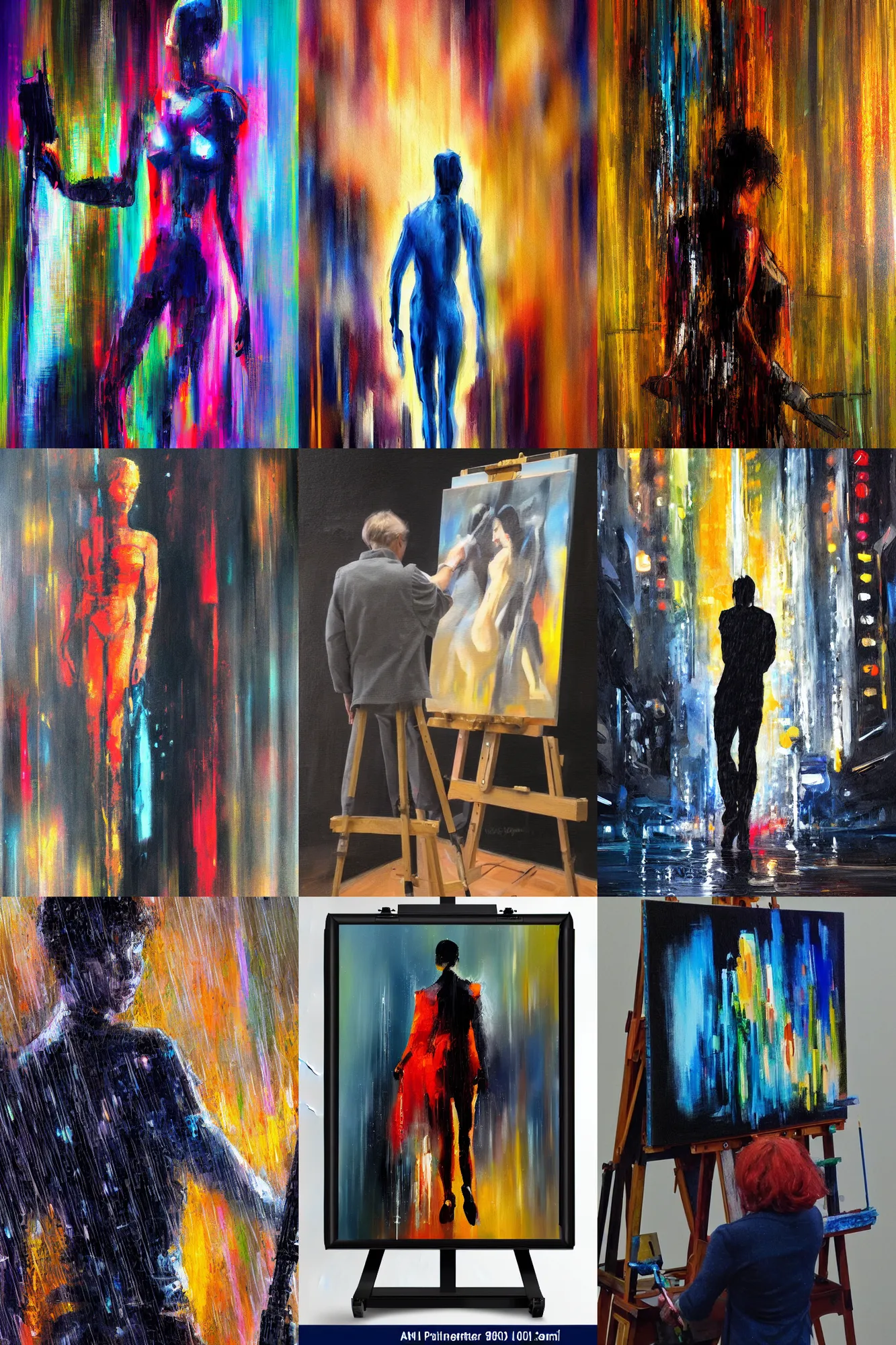 Prompt: AI painter painting great art with the help AI intelligent brushes and easel, blade runner style, half figure shot, 80 mm lens